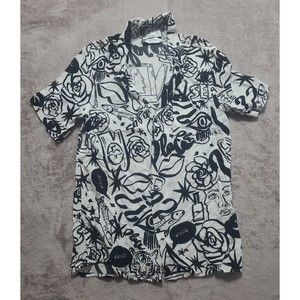 ZARA Men's Black And White Patterned Button Down Relaxed Fit Size Small
